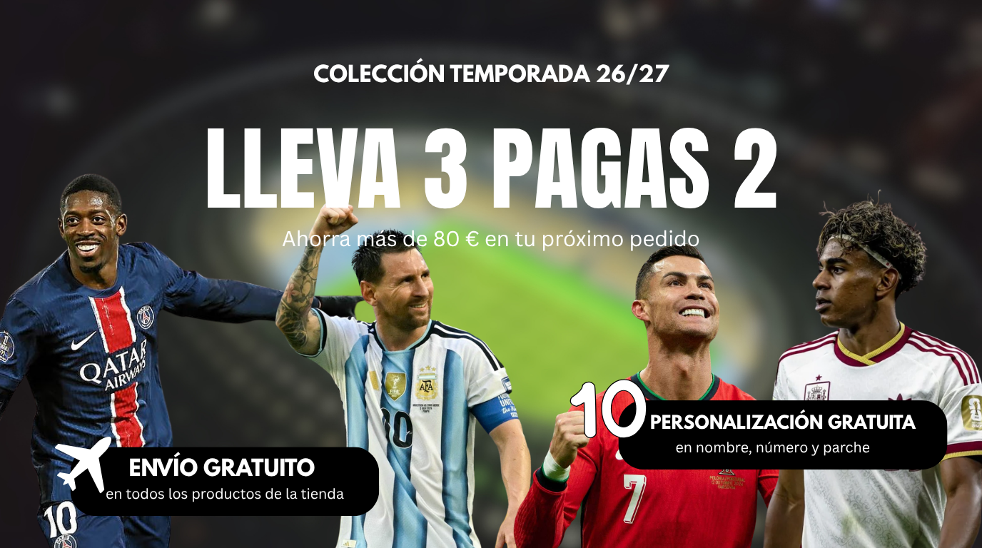 Ilustraciones de camisetas blancas, rojas y negras sobre un campo de fútbol gráfico.